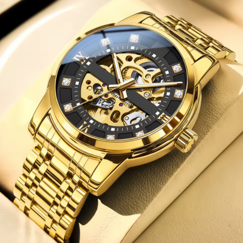 Gold Black Skeleton Watch - No Logo